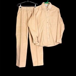 Haband 2-pc Set Button Up Corduroy Shirt Stretch Pants Cords Beige Cream S 8P